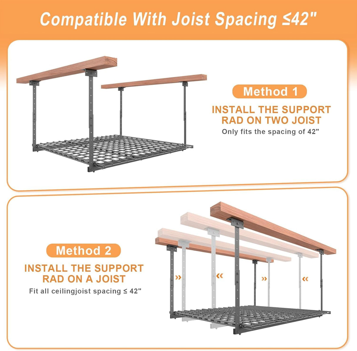 Jusgym 45-Inch x 45-Inch Overhead Garage Storage Rack, 17"-28" Height Adjustable Garage Ceiling Storage Racks, Heavy Duty Storage Organizer System, 250LBS Weight Capacity, Black Jusgym