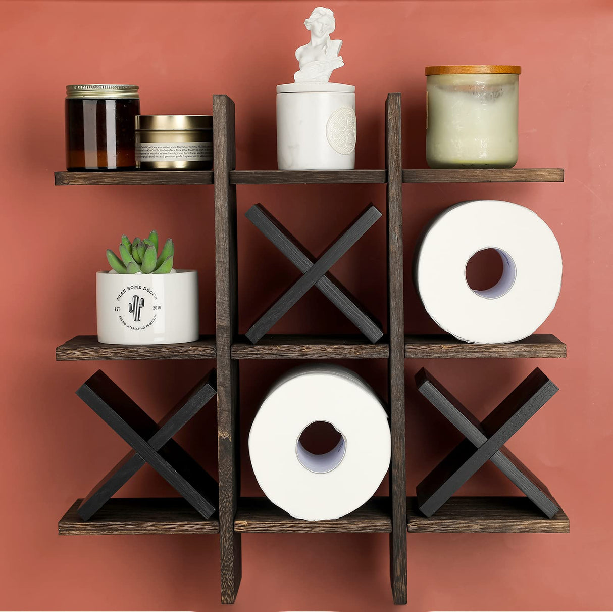 Weysat Tic Tac Toe Toilet Paper Holder Stand Bathroom Wall Decor Rustic Wooden Hanging Storage Freestanding Wall Mounted Shelves Decor for Toilet Tissue Farmhouse Weysat