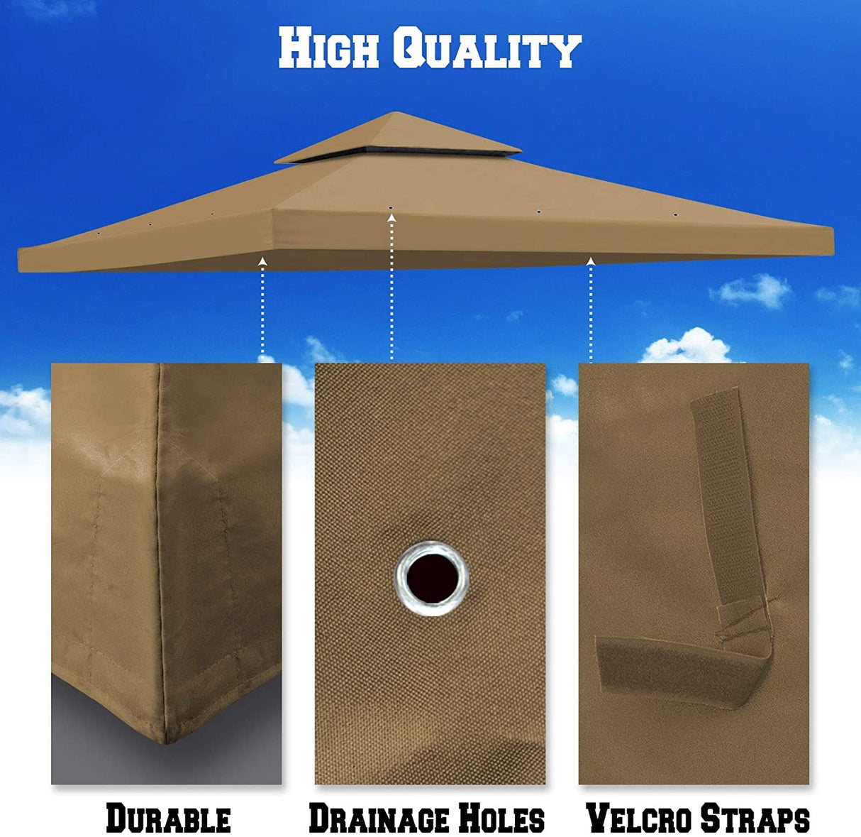 YardGrow 10x10 FT Gazebo Replacement Canopy Top Cover 2-Tiered Upgraded Patio Sunshade UV Protection, Canopy Cover ONLY (Tan) YardGrow