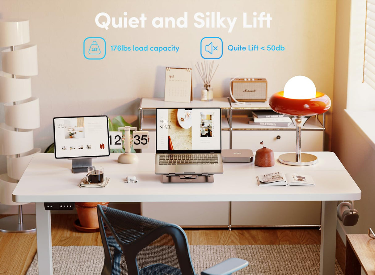 BANTI 63'' Standing Desk, Electric Stand up Height Adjustable Home Office Table, Sit Stand Desk with Splice Board, White BANTI