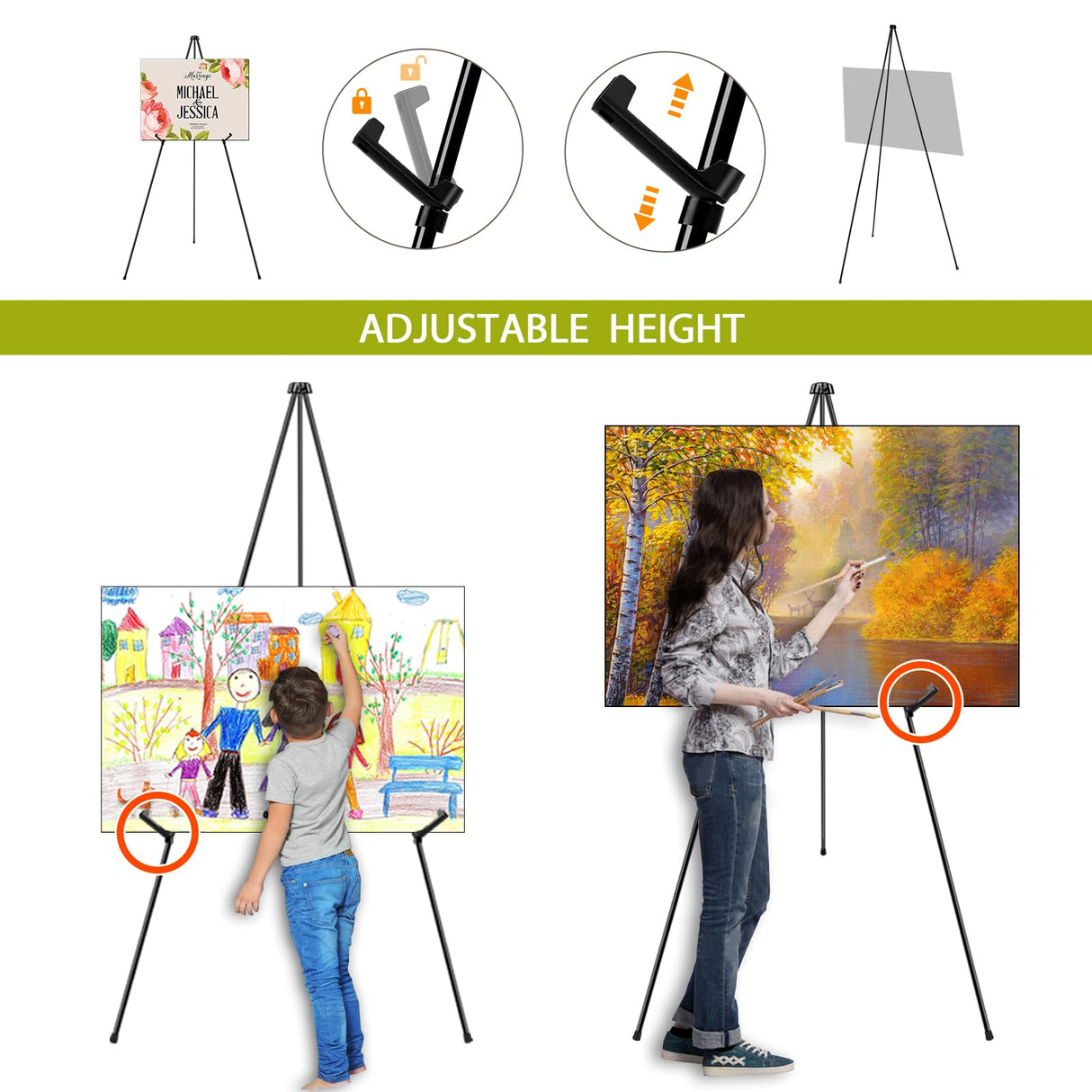 AROIC 63" Easel Stand for Display, 3 Pack Portable Foldable Metal Easel, Easels for Signs Wedding Logos,Arts, Painting,Adjustable Floor Easels with 3 Storage Bag AROIC