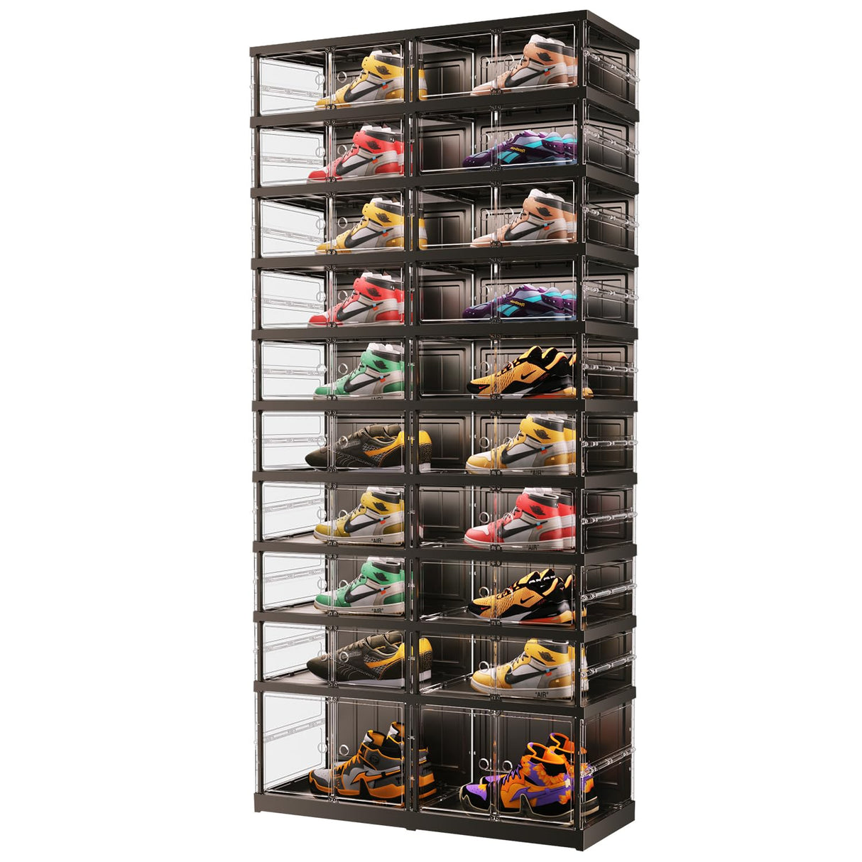 EHAMILY 10 Tiers 20-40 Pairs Foldable Shoe Boxes Large Plastic Shoe Storage Rack Collapsible Shoe Organizer for Closet Clear Stackable Shoes Shelf Storage Cabinet with Doors Quick Assembly Black EHAMILY