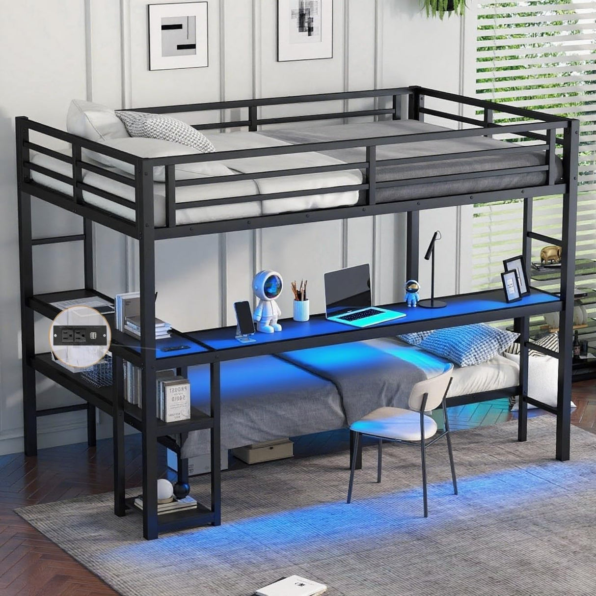 AEMSOFK Full Over Twin Bunk Bed with Desk and USB, Convertible Desk, Metal Full Size Over Twin Loft Bed with Led & Storage Shelves for Teen,Safety Guardrail & Ladder,No Box Spring Needed(Black) AEMSOFK