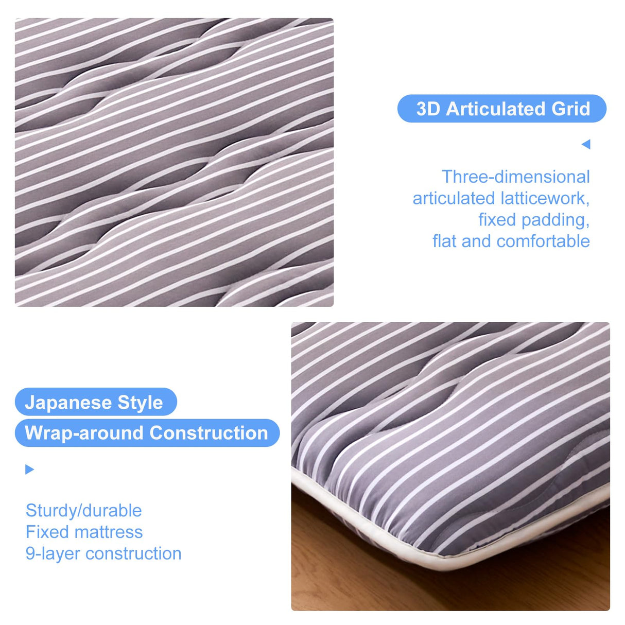 jzbearapt Japanese Floor Mattress, Futon Mattress Foldable, 100% High-Density Premium Foam, Thicken Tatami Mat Portable Dormitory Sleeping Pad, Twin Size 80" X 39", Grey Stripes jzbearapt
