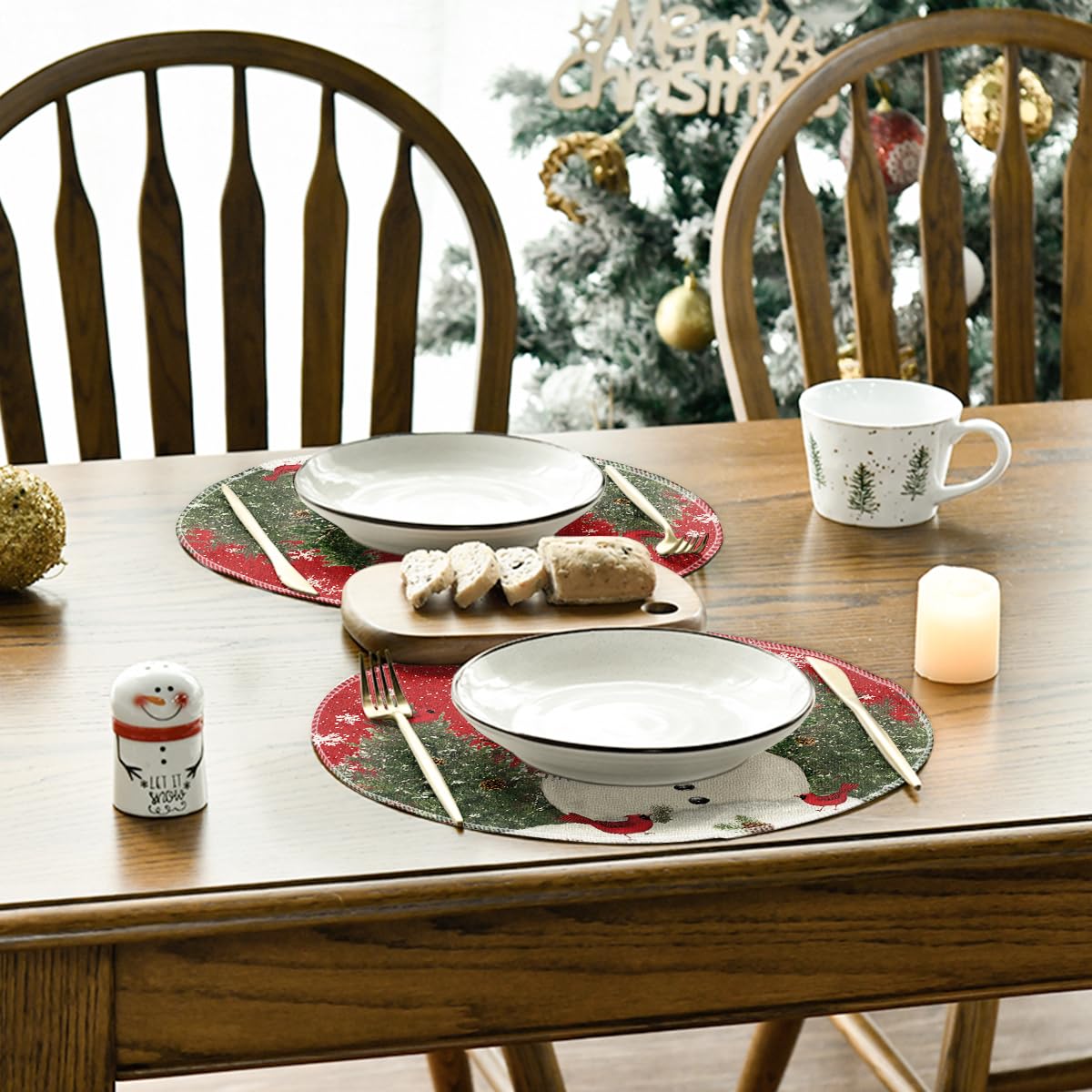 Artoid Mode Snowman Trees Snowflakes Christmas Round Placemats Set of 4, 14 Inch Winter Round Table Mats for Dining Decoration Artoid Mode