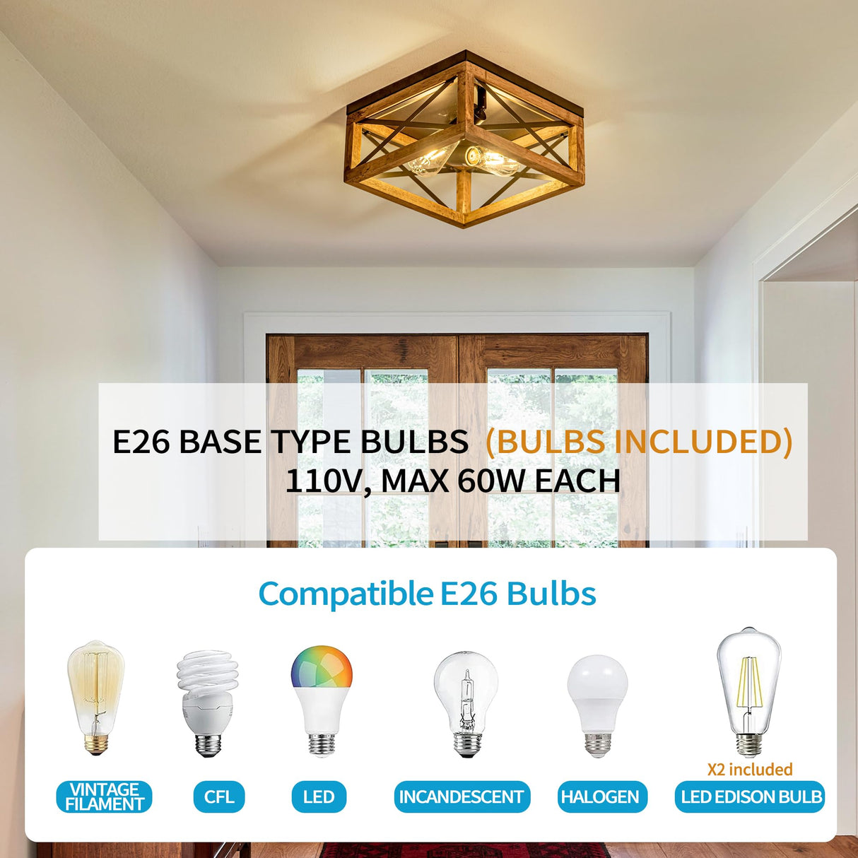 Rpzloila Flush Mount Ceiling Light Fixture for Kitchen Hallway, 2-Light Close to Ceiling Light with Black Metal and Wood Design, Rustic Farmhouse Ceiling Rpzloila