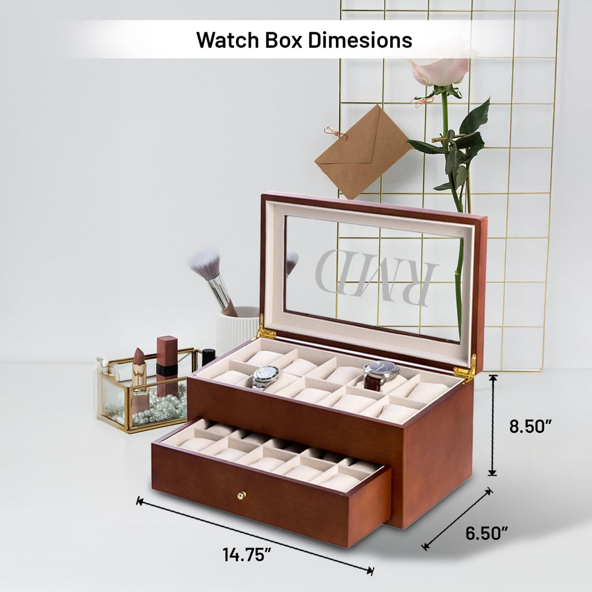 Bey-Berk Bosh Personalized Cherry Custom Wood Watch Box – 20-Slot Organizer with Glass Top, Drawer & Lining Bey-Berk