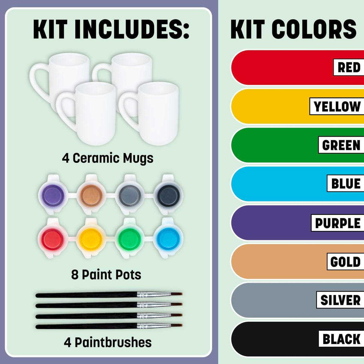 Tulip Food Safe Painted by Me, at Home Paint and Bake Kit - 4 Ceramic Mug Painting Set, Family Activity or Paint Night, All-In-One - Rainbow Paint, 4 Brushes & 4 Paintable Mugs. Studio Quality Results Tulip