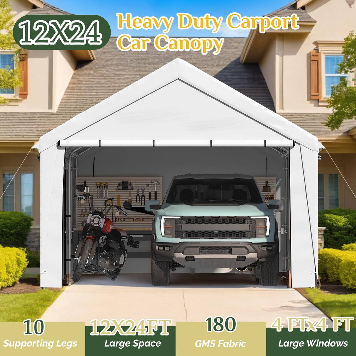 EROMMY 12' x 24' Heavy Duty Carport,Portable Garage with UV Protection & Steel Frame, Car Port with Removable Sidewalls, All-Season Car Canopy for Tractor, Truck, Boat, White EROMMY
