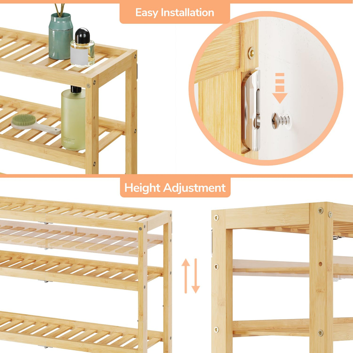AMBIRD 3-Tier Bamboo Bathroom Shelf with Adjustable Height and Hooks AMBIRD