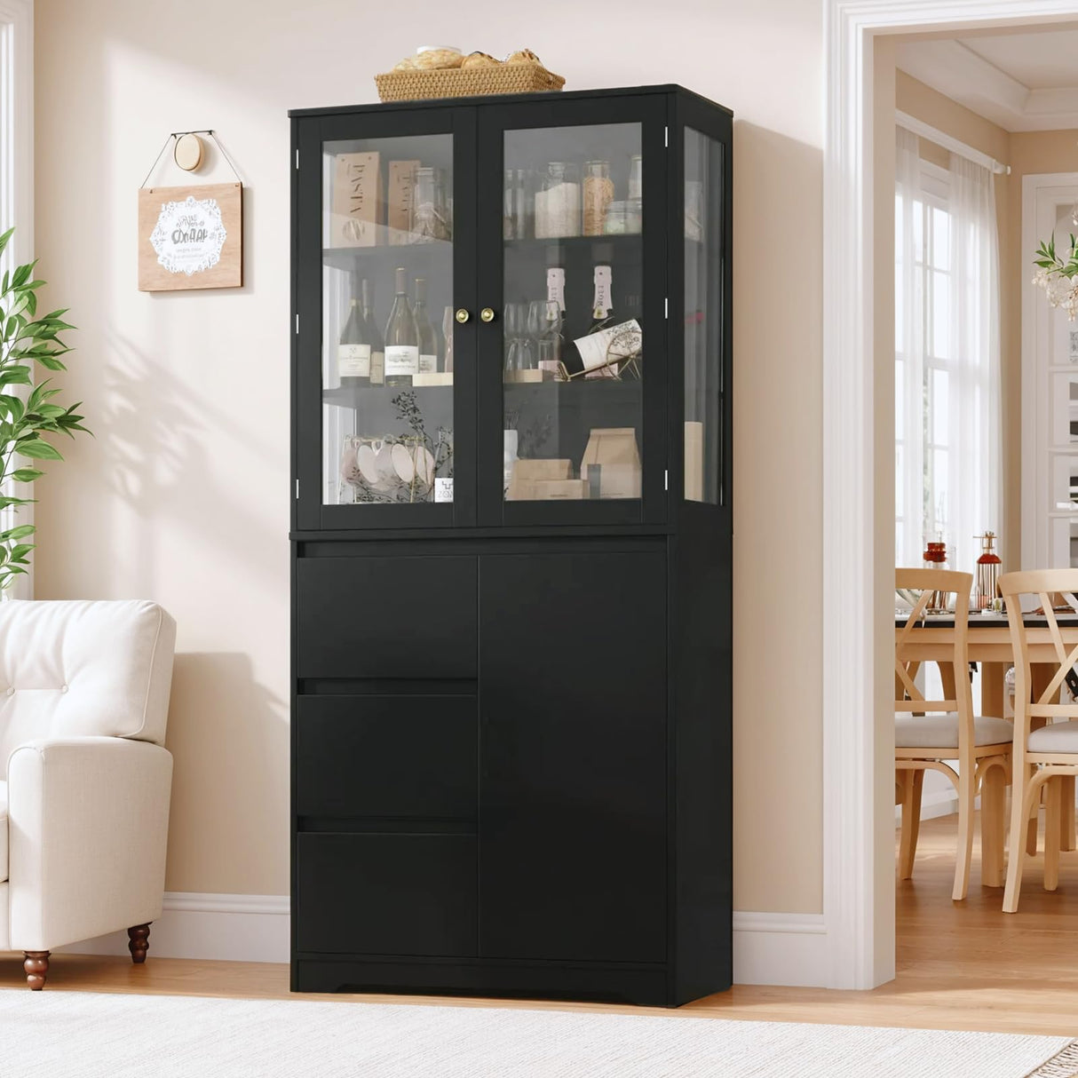 HIFIT 71" Tall Display Bookcase with HD Glass Doors, 3 Drawers Bookshelf with Storage for Home Office, Modern China Curio Cabinet Glass Display Case for Collectibles, Clinic, Dining Living Room, Black HIFIT