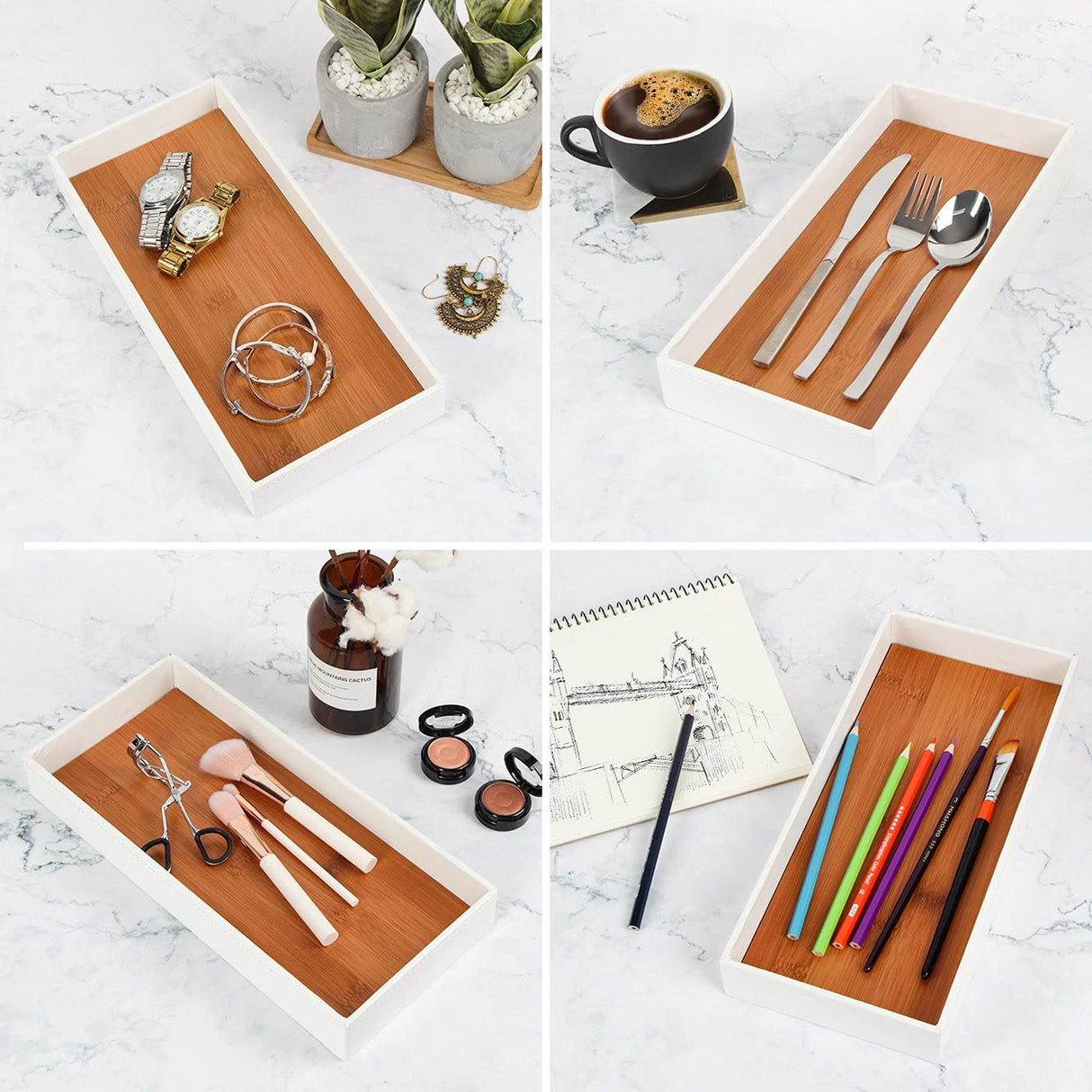 J JACKCUBE DESIGN Leather Bamboo Vanity Tray, Bathroom Organizer, Catch All Valet Tray for Women Perfume, Jewelry, Makeup, Candles, Key, Phone, Sunglasses (White)- MK205B J JACKCUBE DESIGN