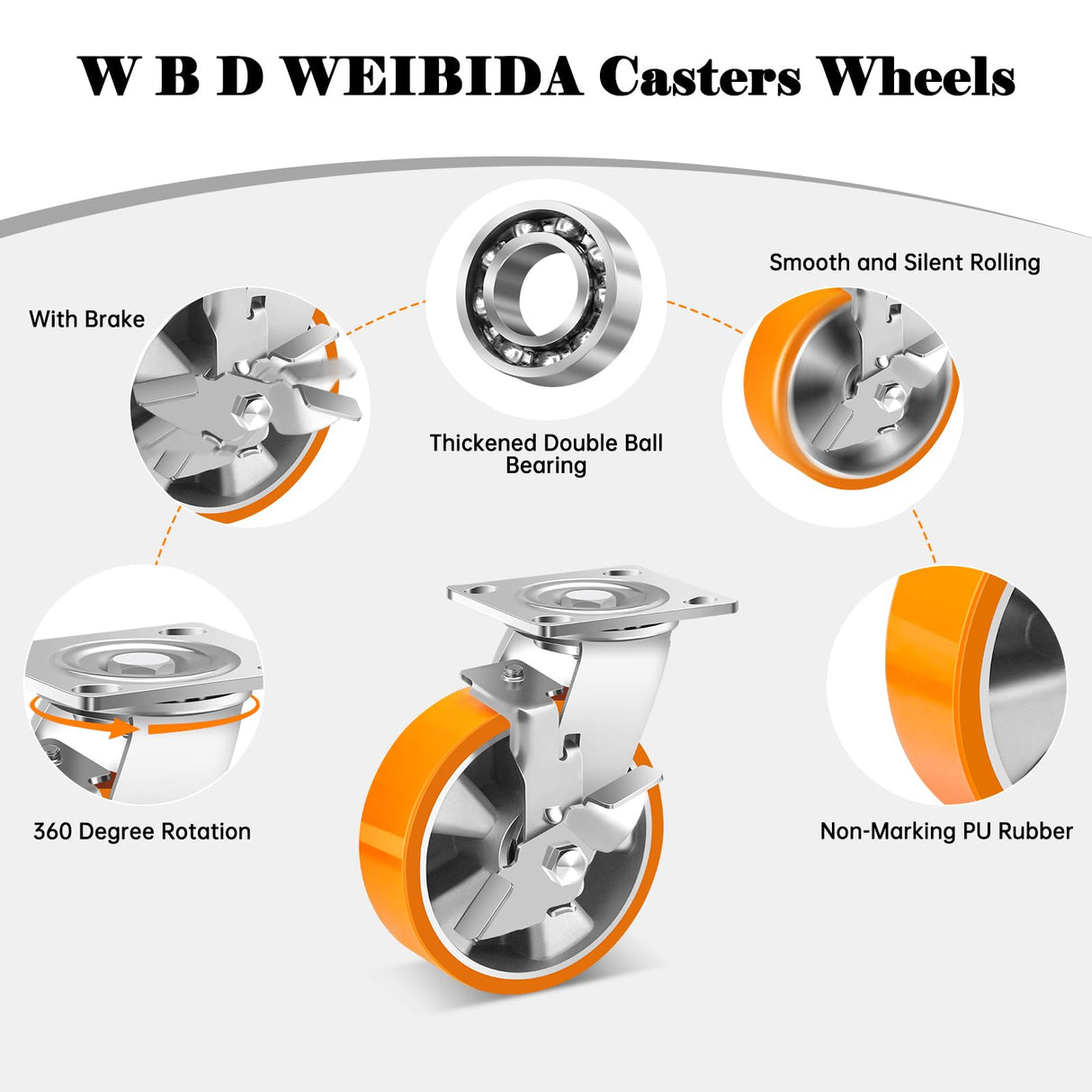 W B D WEIBIDA 6 Inch Industrial Grade Casters Set of 4, Heavy Duty Casters Wheels with Brake 5000 Lbs, Maintenance-Free Polyurethane on Aluminum Wheels, Plate Swivel Casters for Machine, Equipment W B D WEIBIDA