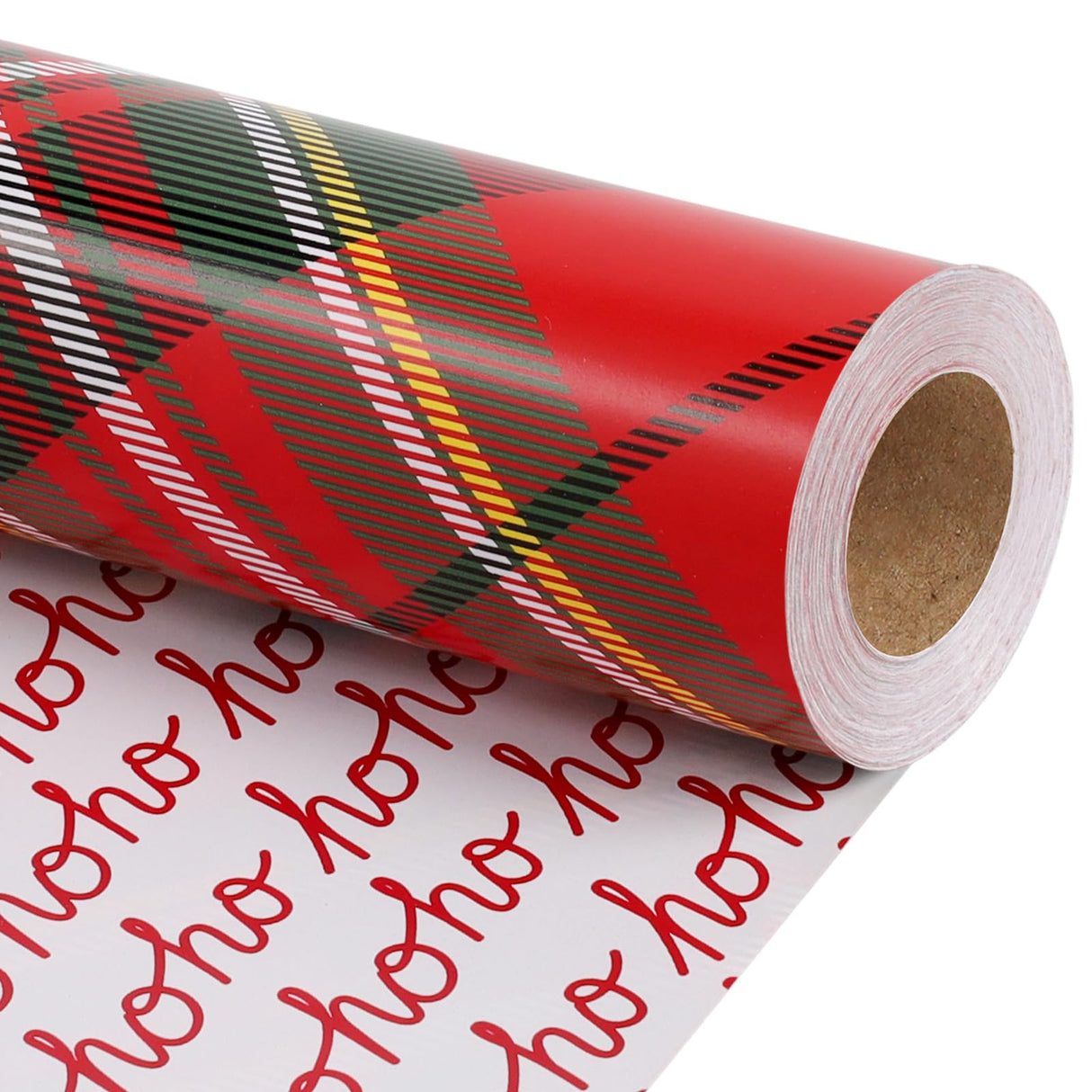 BIOBROWN Reversible Christmas Wrapping Paper - 17 Inch X 33 Feet (46.7 sq. ft. ttl.) - Red Tartan Plaid and HOHO Design Perfect for Xmas, Party, Holiday Gift Wrap BIOBROWN