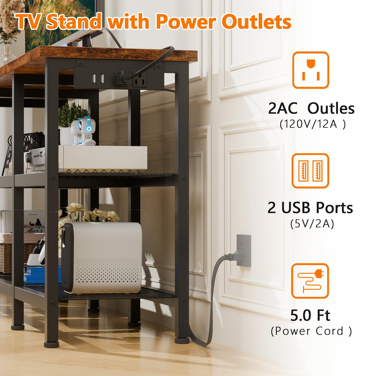 Furologee TV Stand with Power Outlets, Small Entertainment Center with Open Storage Shelves, TV Media Console Center for TVs up to 50 Inch, Television Stands for Living Room/Bedroom, Rustic Brown Furologee