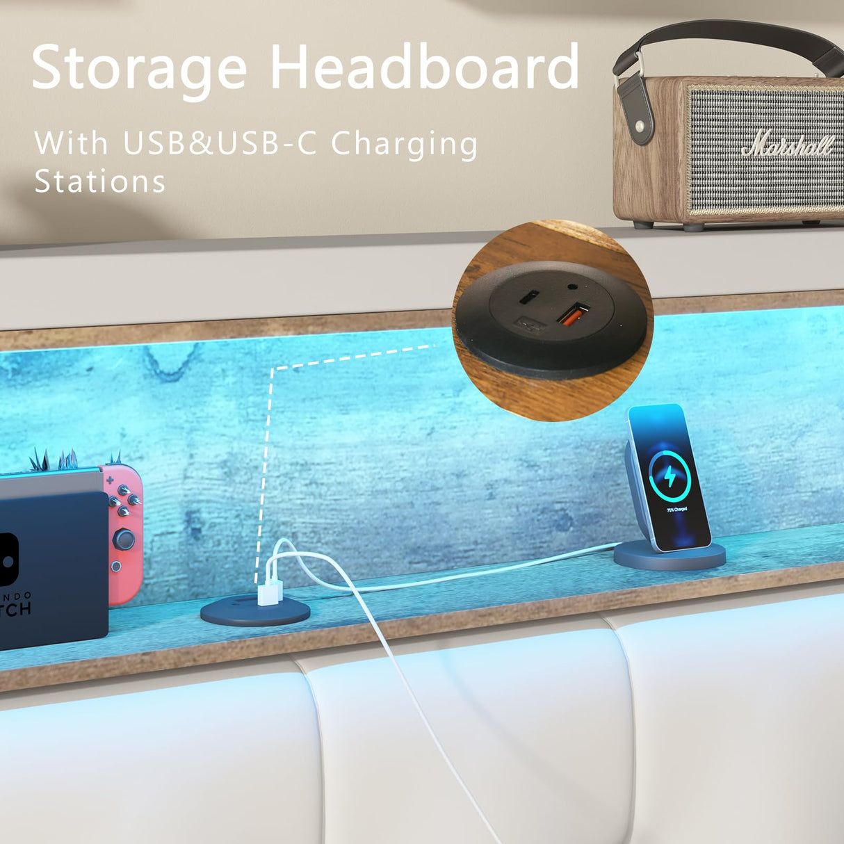 HOMBCK Full Size Bed Frame with LED Lights, Velvet Upholstered Bed with Charging Station and Storage Headboard, Modern Bed Frame with Diamond Design, No Box Spring Needed, Easy Assembly, White HOMBCK