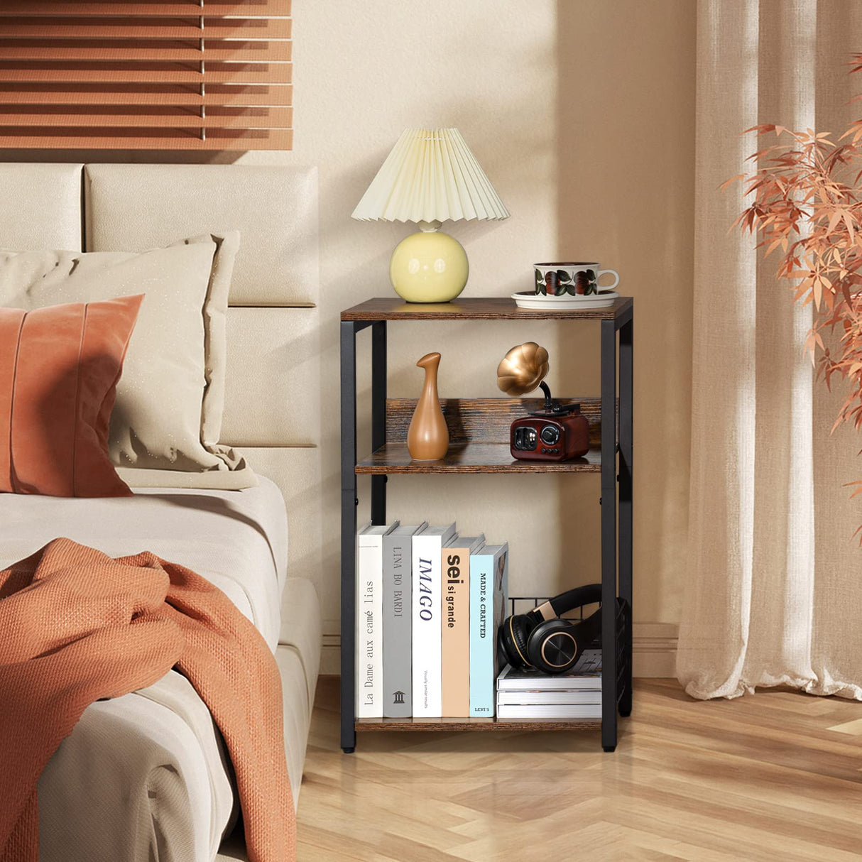 LELELINKY 3 Tier End Table,Record Player Stand with Storage Up to 100 Albums,Turntable Stand for Vinyl,Brown Records Shelf for Living Room Bedroom LELELINKY