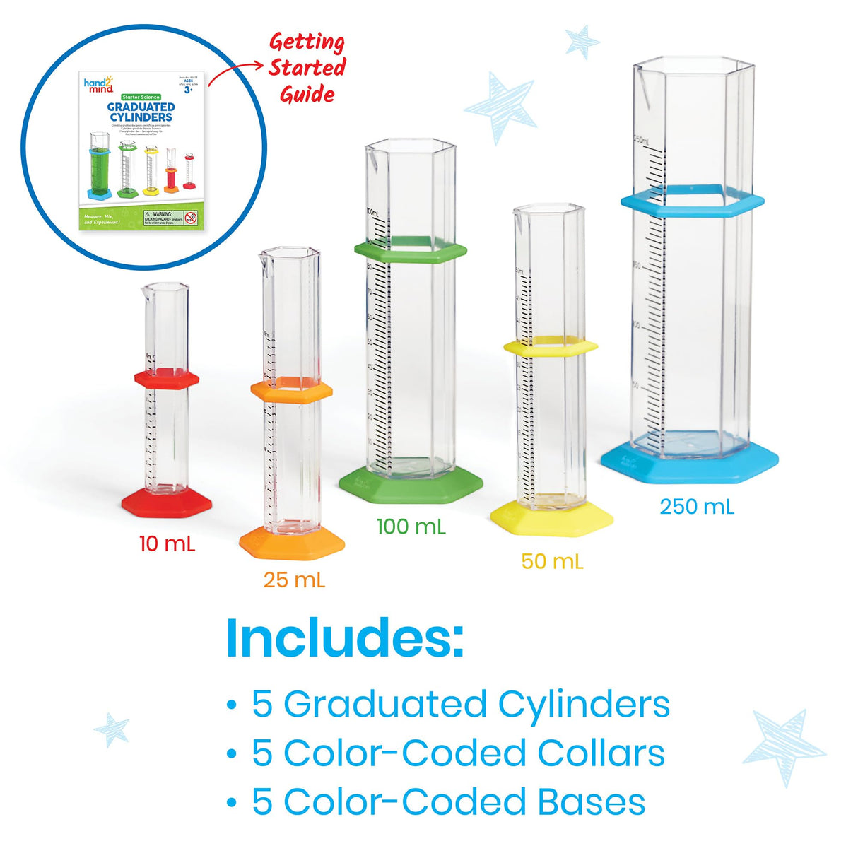 Hand2mind Starter Science Graduated Cylinder Set, Science Lab Equipment for Kids, Measuring Toys, Educational Science Kits, Chemistry Set, Science Supplies for Classroom (Set of 5) hand2mind