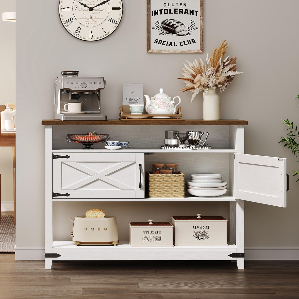 HOOBRO Farmhouse Entryway Table with Storage, 47.2" Long Console Table for Entryway, White Sofa Table with Doors and Cabinets, Narrow Sofa Table Behind Couch, for Hallway, Foyer, White and Walnut HOOBRO