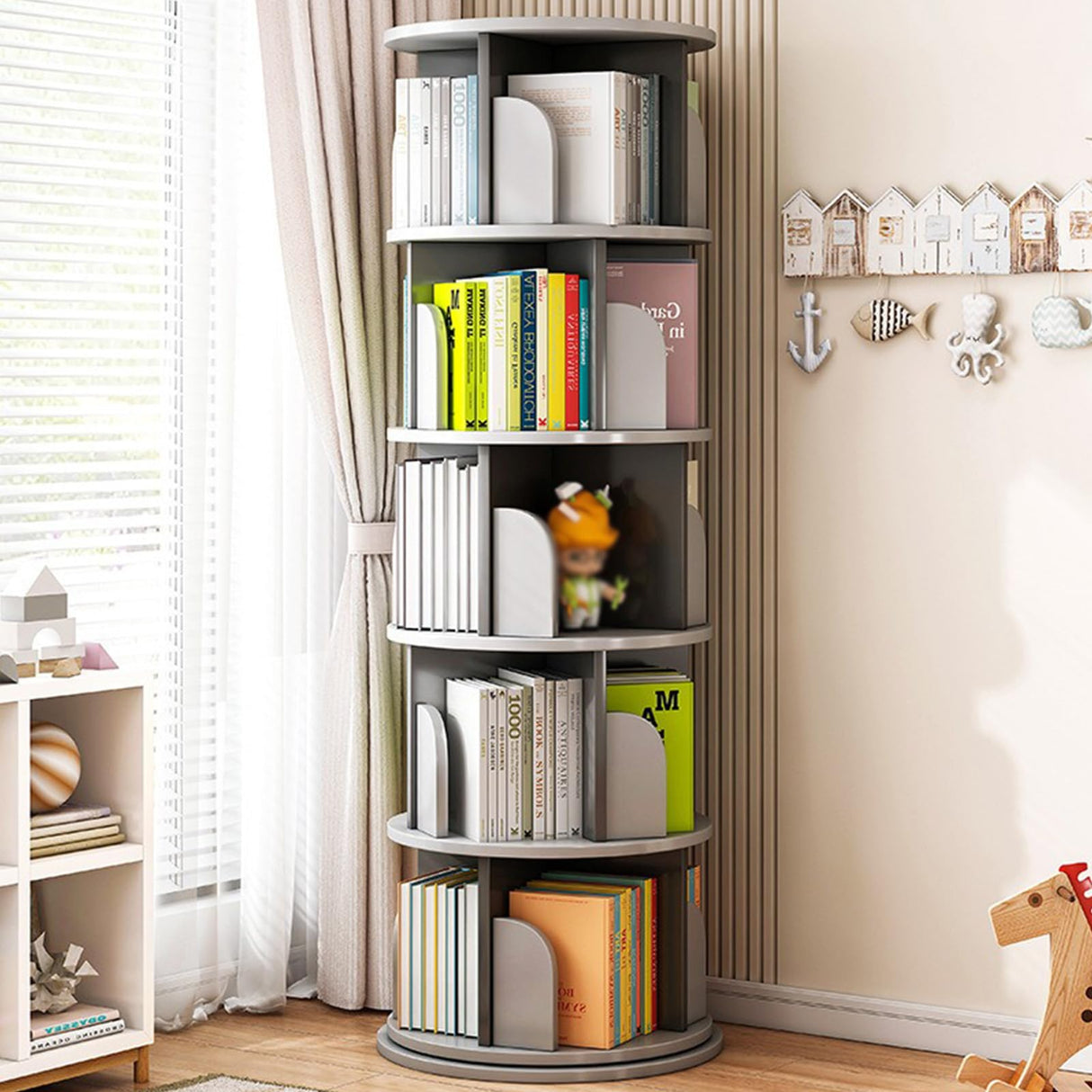 LINLIUA 360° Rotating Bookshelf for Kids & Adults - 4/5 Tier Floor Standing Storage Rack in Grey LINLIUA