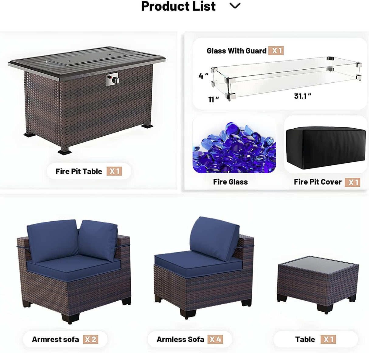 Kullavik 8 Pieces Outdoor Patio Furniture Set with 43" 55000BTU Gas Propane Fire Pit Table PE Wicker Rattan Sectional Sofa Patio Conversation Sets,Dark Blue Kullavik