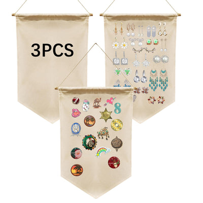 3 PCS Canvas Banners Wall Hanging Brooch Jewelry Storage Case Stand Enamel Pin Display, Sublimation blank Banner,Holder Earrings Necklace Pin Collection Organizer