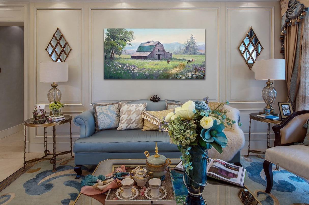 Acocifi Large Farmhouse Wall Decor Barn Cow Picture Canvas Wall Art Nature Flowers Landscape Painting, Green Scenery Textured Artwork Framed for Living Room Bedroom Bathroom Office Home Decor 40"x20" Acocifi