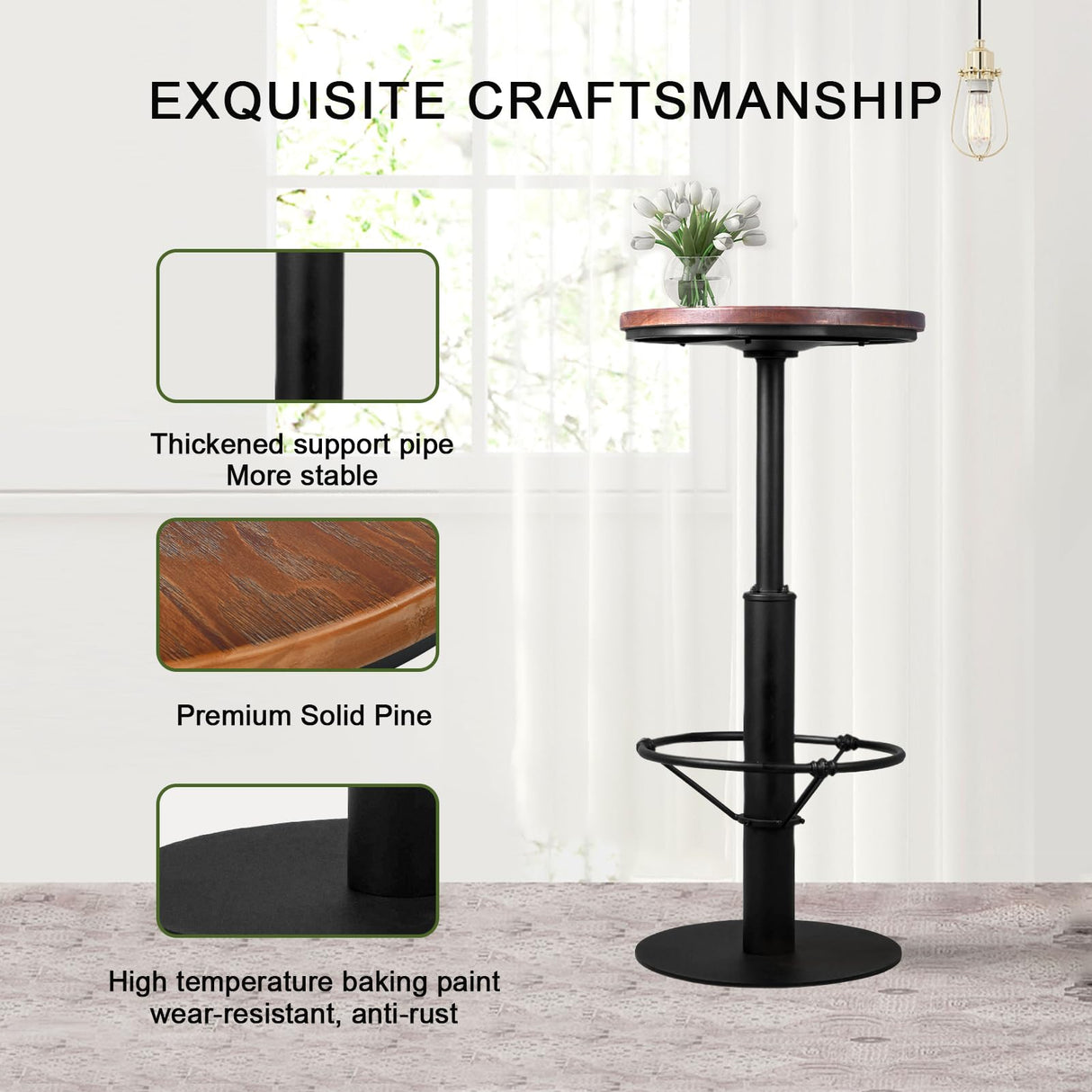 BOKKOLIK 42inch Industrial Style Farmhouse Bar Table, Round Wooden Top, Matte Black Metal Base BOKKOLIK