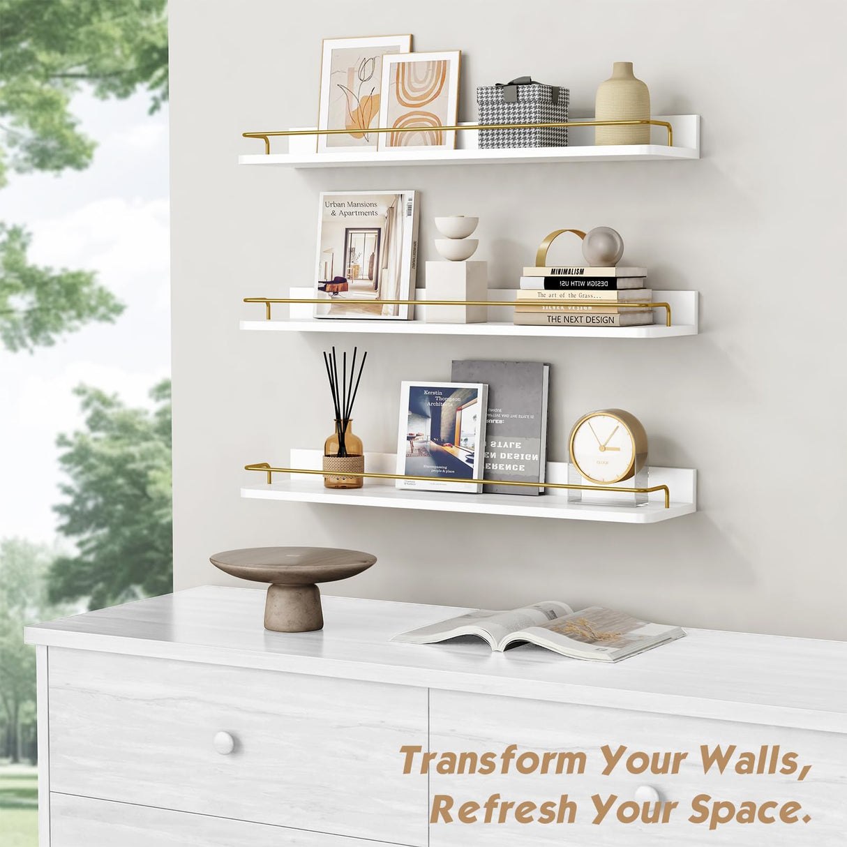 Forbena 24 Inch Bathroom Floating Shelves for Wall Set of 3, Gold Bathroom Shelves Over Toilet Wall Mounted with Rail, Decorative Hanging Shelf for Bedroom Office Living Room Decor (White and Gold) Forbena