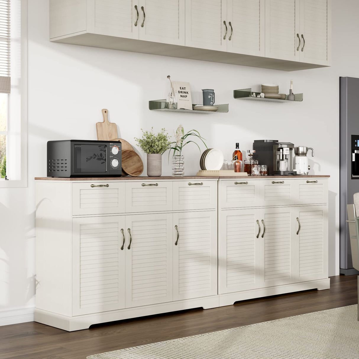 Kitchen Sideboard Buffet Cabinet with Storage, 15.7"D x 47.2"W x 35.1"H, Buffet Server Bar with 3 Shutter Doors and 3 Drawers for Wine, Coffee, Bar for Living Room, Dining Room, White Oak Keyluv