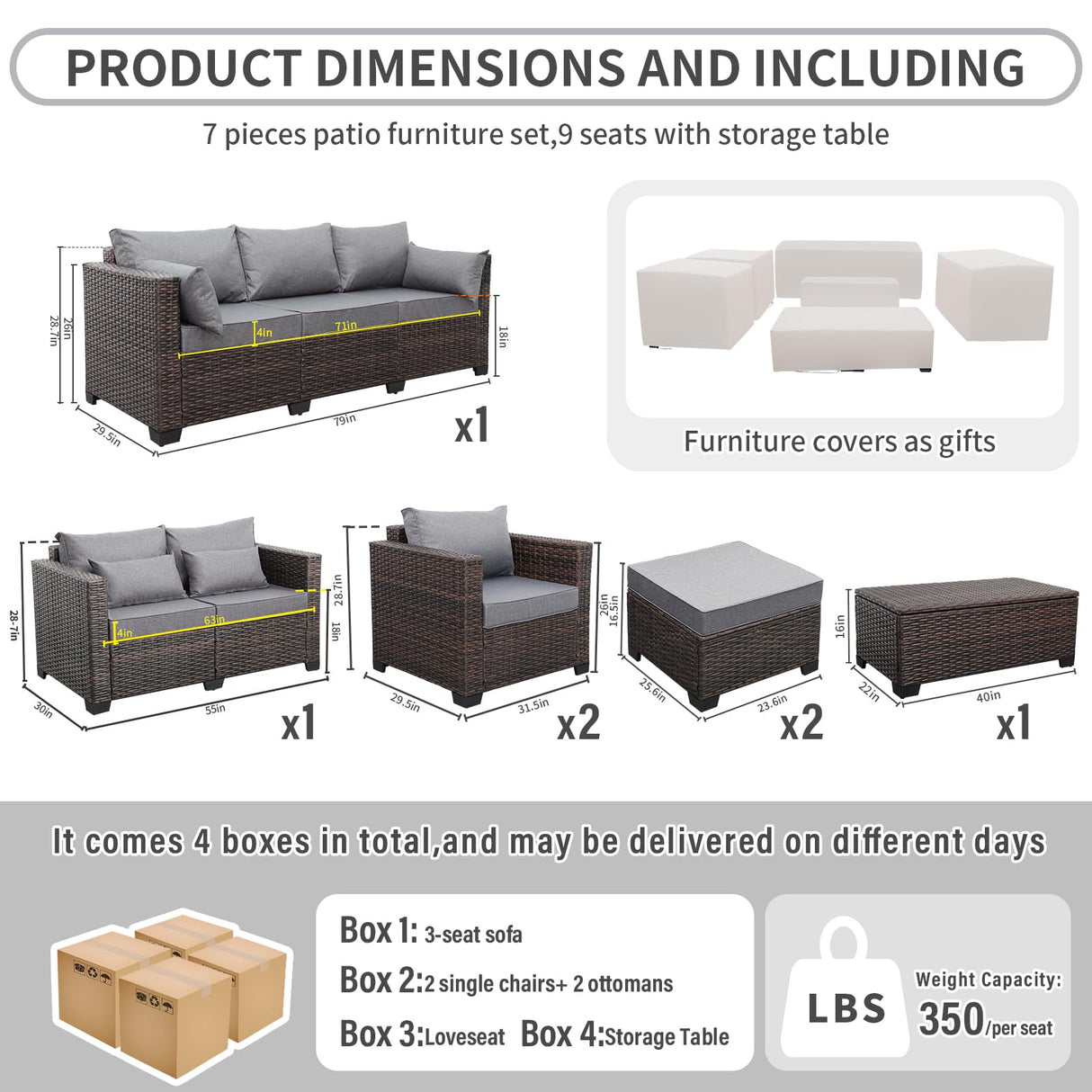 Valita 7 Pieces Patio Furniture Set,9-Seats Outdoor Wicker Sectional Sofa Brown Rattan Modular Patio Conversation Chair Set with Storage Table,Washable Cushions(Grey) Valita