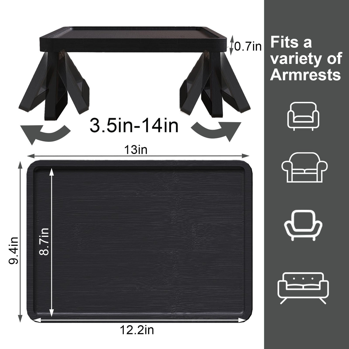 Danfoxer Couch Arm Tray,Bamboo Folding Sofa Tray,Sofa Armrest Trays Clip-On Couch Desk for Drinks,Snacks,Phone,Remote Control(Black) Danfoxer