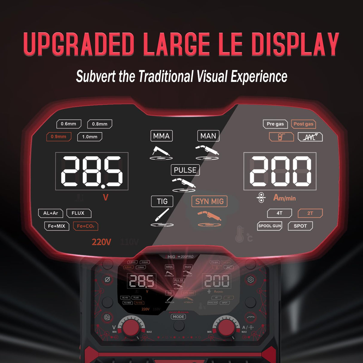 ACEWELDER 200PRO Aluminum MIG Welder with Pulse 7 in 1 Gas MIG/Pulse MIG/Gasless Flux Core/MMA/Lift TIG/Spot Weld/Spool Gun LED Display 110/220V Multiprocess Welder Acewelder