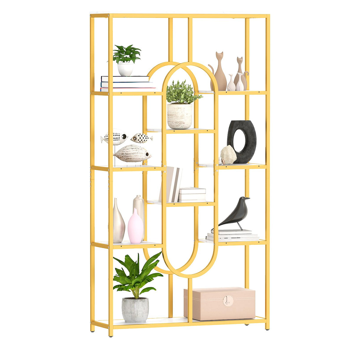 Giantex 5-Tier Bookshelf, 69" Tall Geometric Bookcase w/ 10 Open Shelves, Oval Shape, Modern Gold Display Shelf w/Metal Frame, Freestanding Storage Organizer for Living Room, Office Giantex