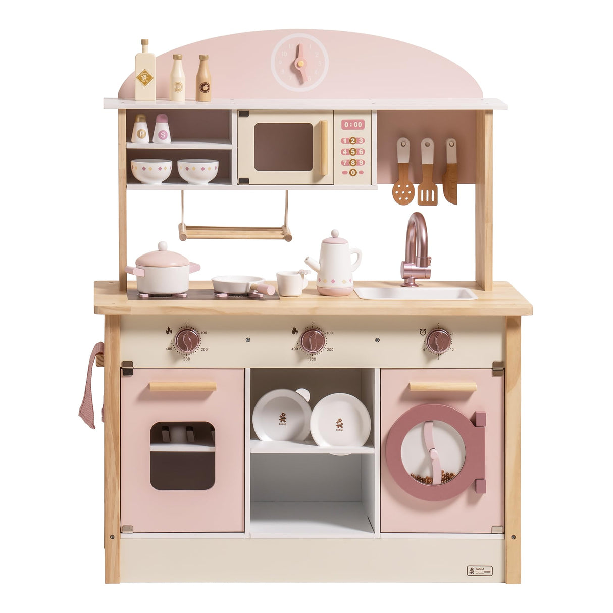 ROBUD Play Kitchen for Kids Toddlers, Wooden Play Kitchen with Realistic Accessories, Toy Kitchen Set with Plenty of Play Features, Modern Style Toy Kitchen for Girls & Boys, Gift for Ages 3+, Pink ROBUD