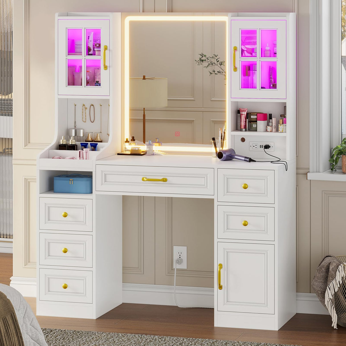 BTHFST White Vanity Desk with Touch Screen Mirror and Lights, Large Makeup Vanity with RGB Light Cabinets & Charging Station, 6 Drawers, 5 Jewelry Hooks, Vanity Table with Lighted Mirror BTHFST