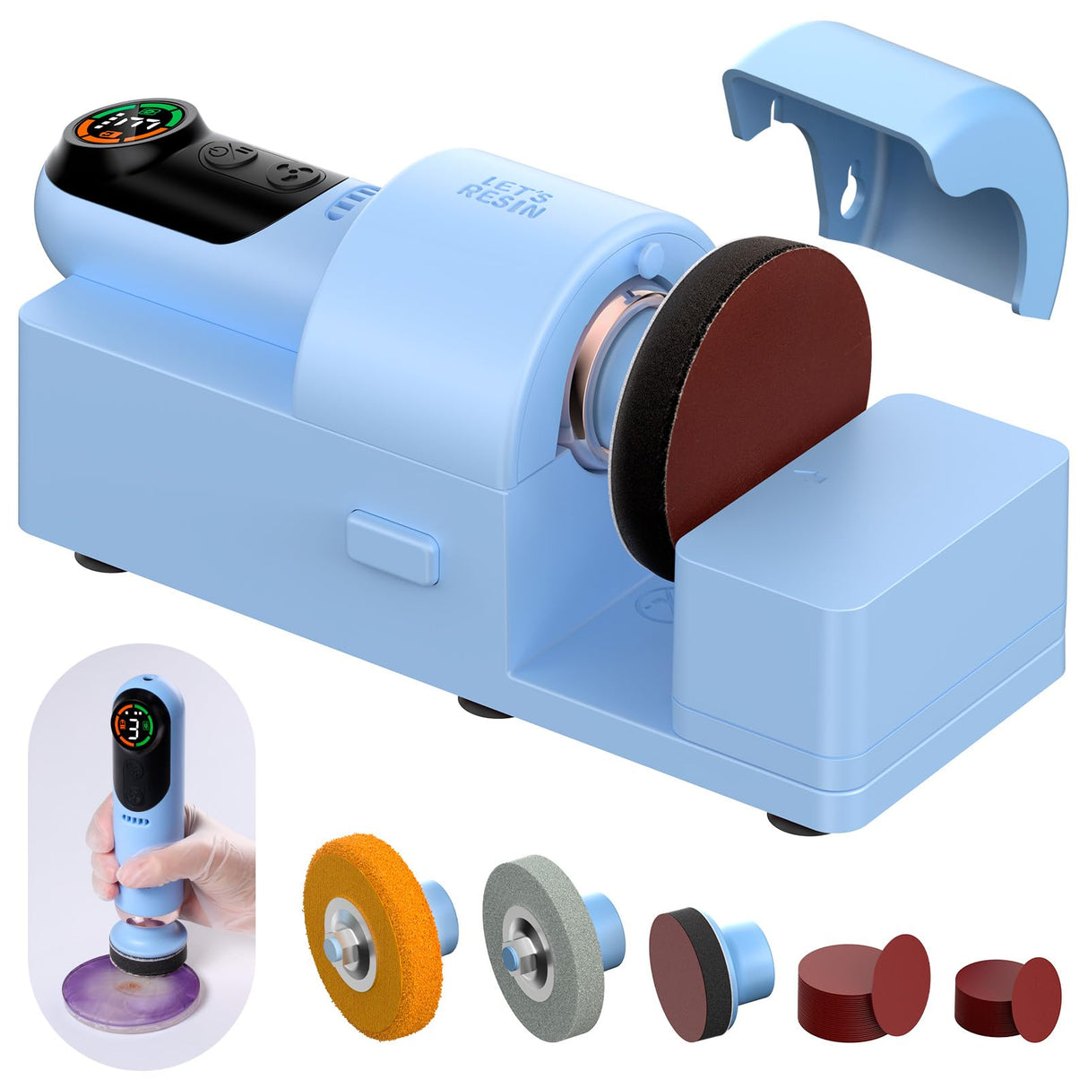 LET'S RESIN 4-in-1 Electric Resin Sanders and Polisher, 2000mAh*2 Large Battery Capacity, Powerful 3-Speed, LCD Display, Compact and Lightweight for Resin Grinding, Glass, Metal, Jade,etc LET'S RESIN