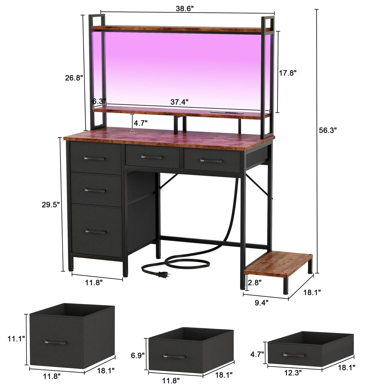 Computer Desk with Hutch, Gaming Desk with Power Outlets & LED Ligthts & 5 Fabric Drawers, Home Office Desk with 2 Tiers Storage Shelves for Display, 39" PC Gamer Table for Bedroom, Rustic Brown Korfile