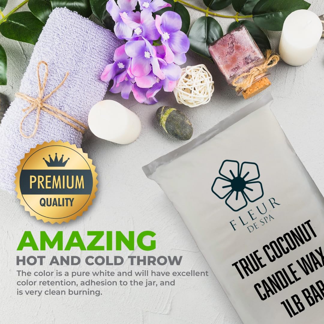 FLEUR DE SPA True Coconut Premium All-Natural Coconut Wax Blend for Luxurious DIY Candle Making - Made in The USA (1 Pound bar) fleur de spa