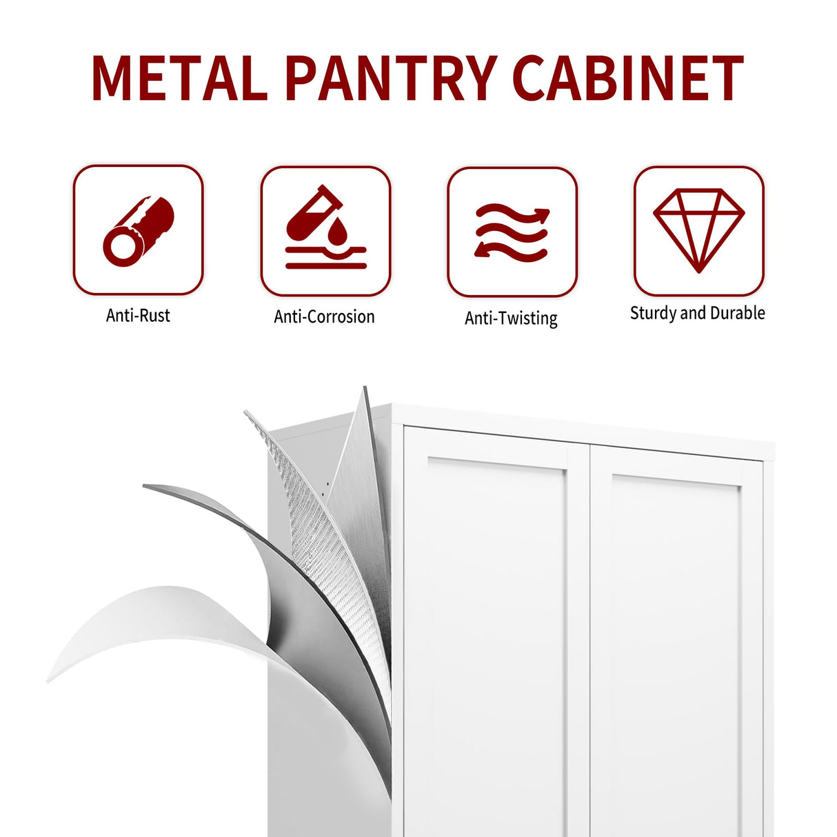 AQY Kitchen Pantry Cabinet,61" White Pantry Storage Cabinet with 4 Tier Adjustable Shelves and 2 Doors,Freestanding Cupboard,Metal Pantry Cabinets with Handle for Living Room Kitchen Assembly Required AQY