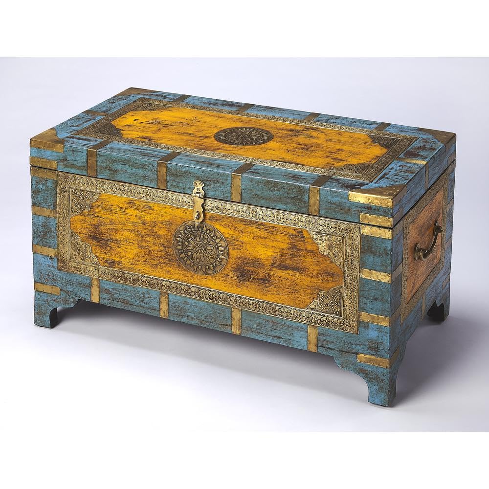 Starlight Canyon Home Mango Wood Storage Trunk Coffee Table with Brass Inlay, Hope Chest and Steamer Trunk for Living Room or Bedroom Decor Starlight Canyon Home