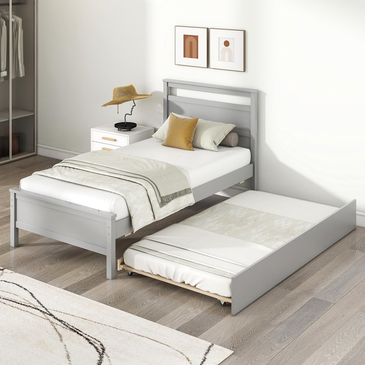 KOMFOTT Twin Bed Frame with Trundle, Wood Bed Frame with Pull-Out Trundle, Headboard & Footboard, Wooden Slat Support, No Box Spring Needed, Mattress Foundation (Grey) KOMFOTT
