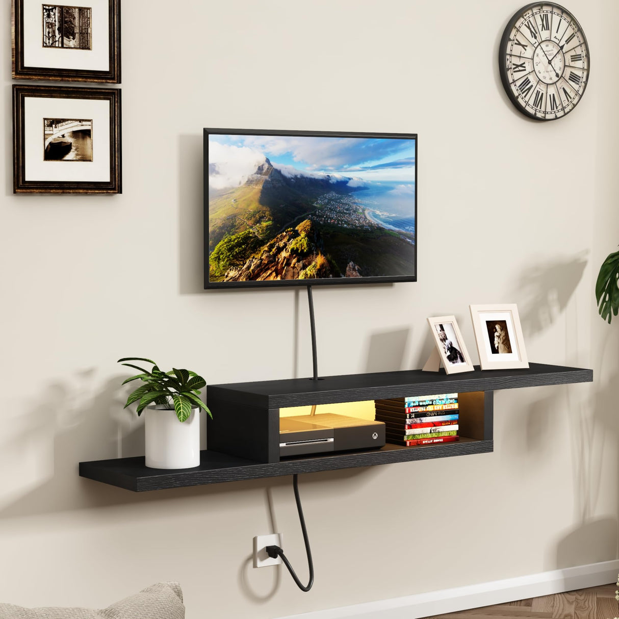 ChooChoo Floating TV Stand Shelf with LED, Wall Mount Entertainment Center, 60'' Media Console Stand for Living Room, Bedroom, Black ChooChoo