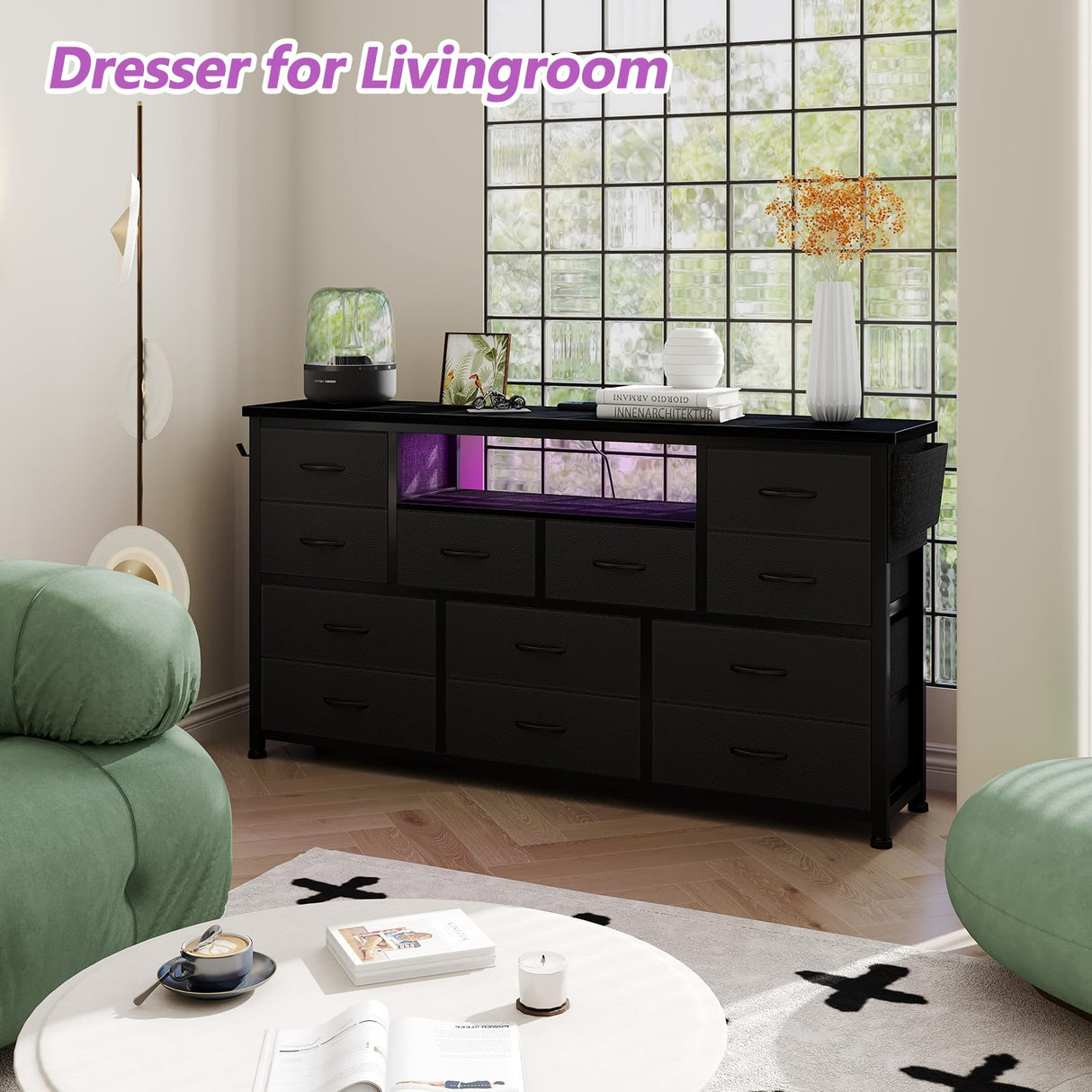 LIVEHOM Dresser TV Stand with Power Outlet & LED for 45'' TV, Long Dresser for Bedroom with 12 Drawers, Wide Console Table for Storage in Closet, Living Room, Entryway, Wood Top LIVEHOM