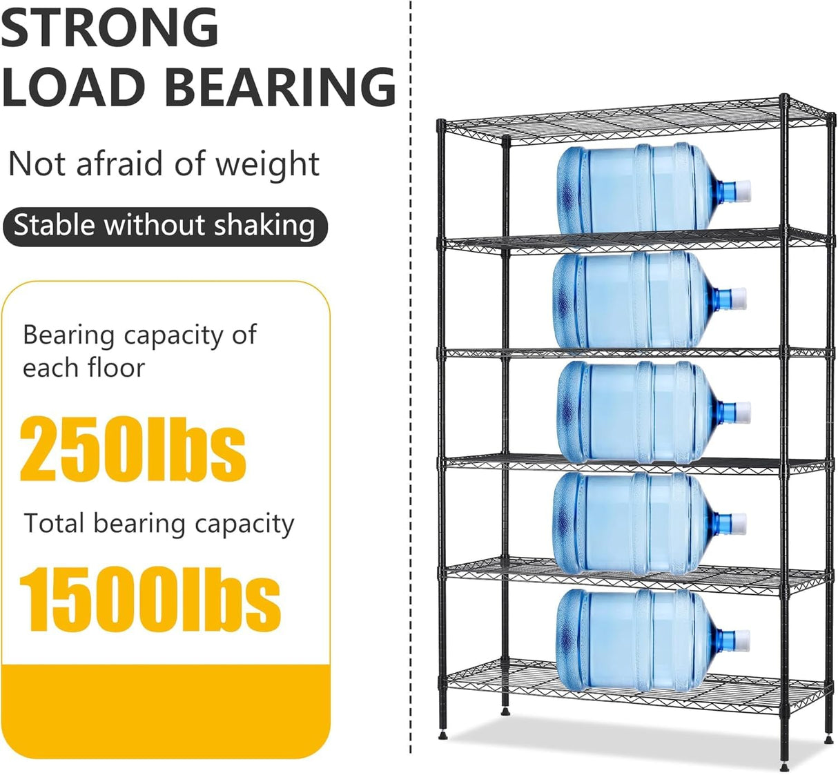 6-Tier Storage Shelves Wire Shelving Units Heavy Duty Metal Shelves Tall Steel Shelving Units Adjustable 1500lbs Capacity Rolling Shelf Racks for Restaurant Garage Pantry Kitchen, Black Generic