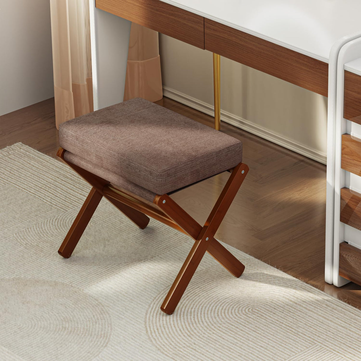 BAMBOOHOMIE Foldable Foot Stool Ottoman, Modern Foot Rest with Bamboo X Legs & Thick Foam Cushion, Folding Foot Stools Small Padded for Bedroom Living Room, Makeup Vanity Stool Chair (Brown - Brown) BAMBOOHOMIE