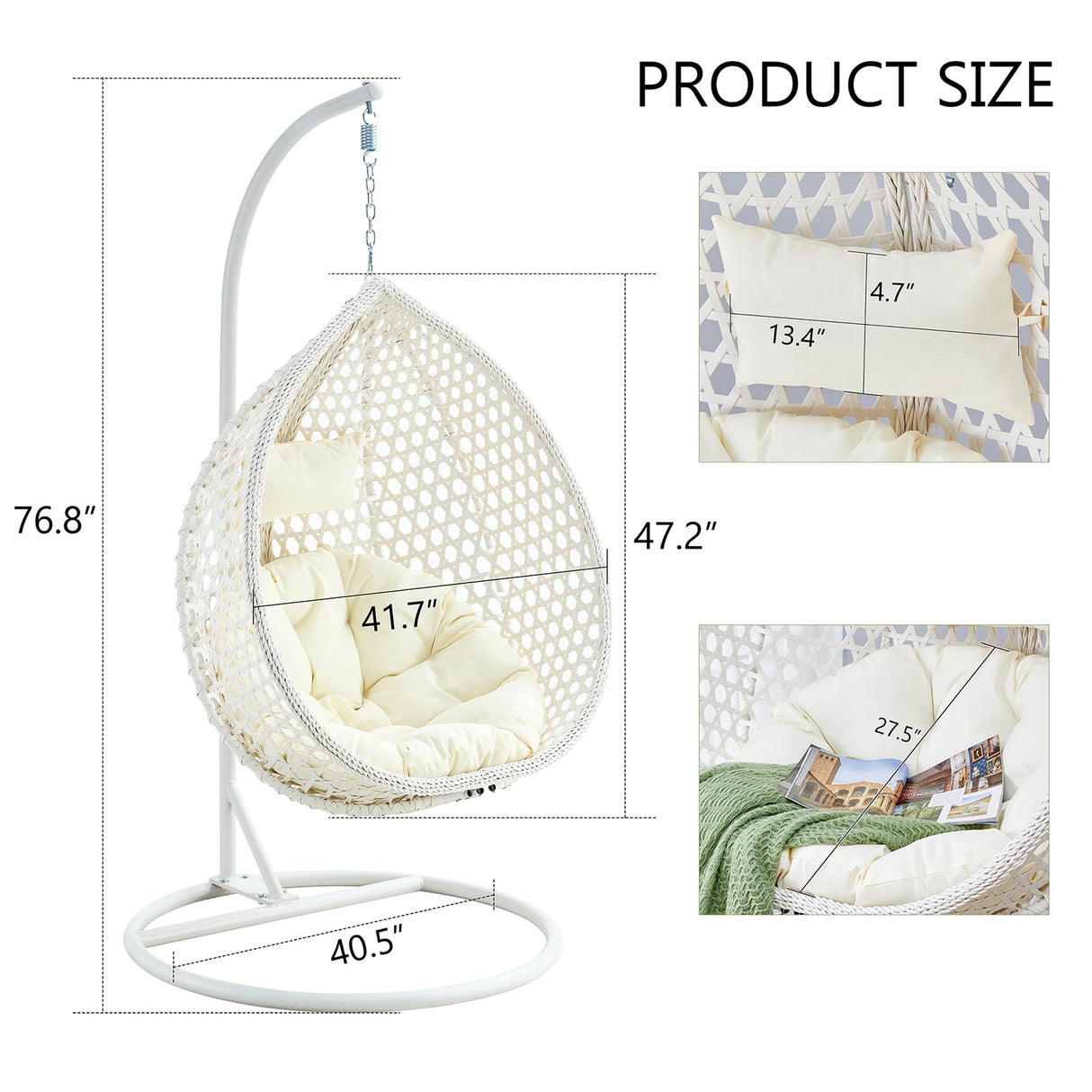 YWUFUART Hanging Egg Outdoor, Rattan Swing Chair with Foldable Basket, Hammock Chair with Metal Stand, Lounge Chair for Garden Backyard, White YWUFUART