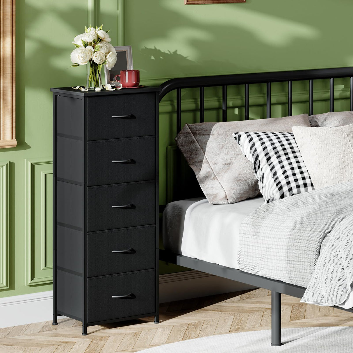 Somdot Tall Dresser for Bedroom with 5 Drawers, Storage Organizer Chest of Drawers with Removable Fabric Bins for Closet Bedside Living Room Laundry Entryway Hallway, Black Somdot