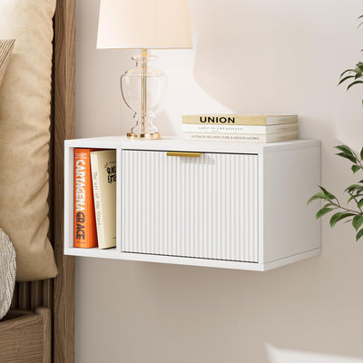 Masupu Floating Nightstand, Wall Mounted Floating Bedside Table with Storage Drawer and Open Shelf, Modern Bedroom Nightstand, 19.3" x 11.4" x 10", White