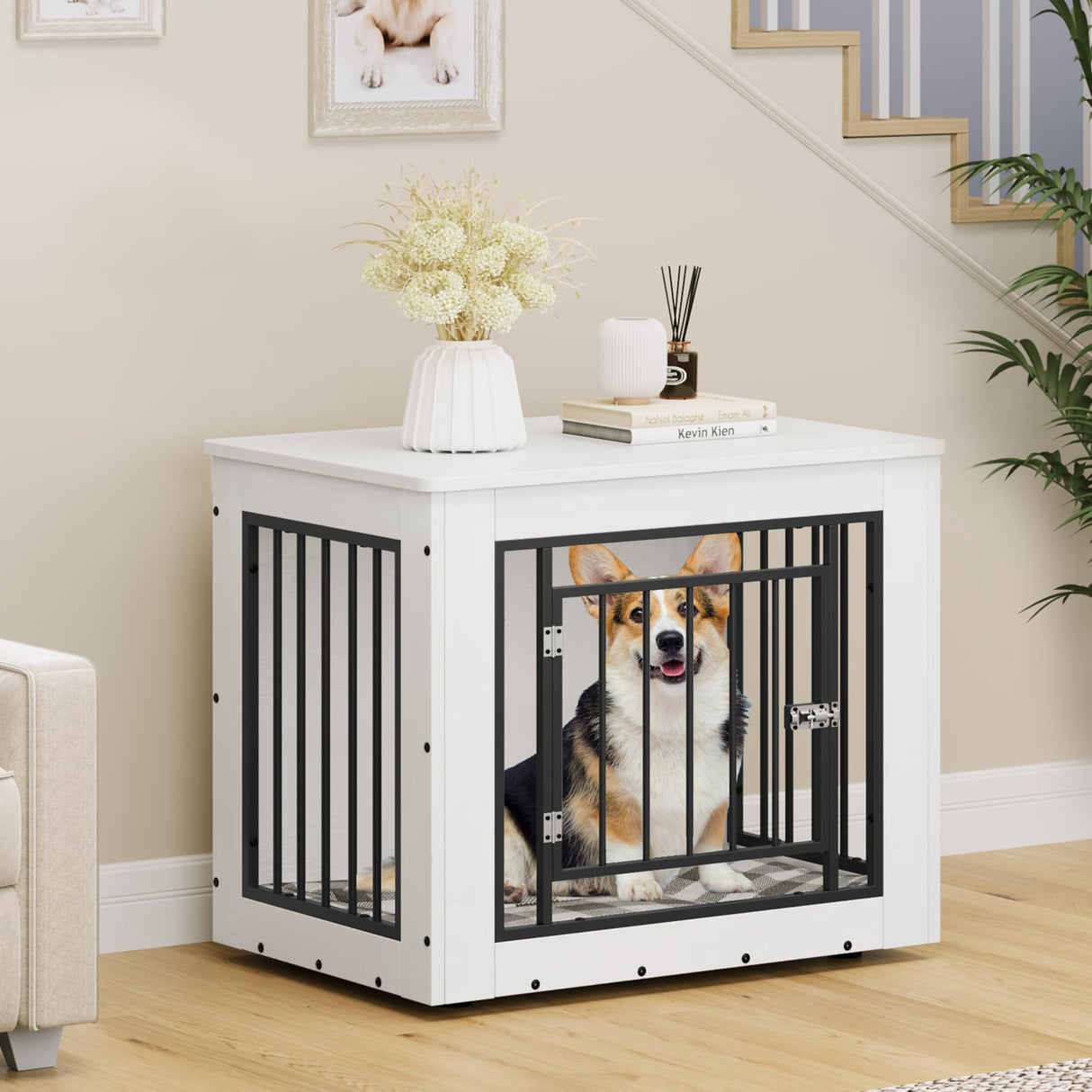 YITAHOME 30.1" L Dog Crate Furniture for Medium Dogs, 2-in-1 Iron-Wood Fusion Dog cage Indoor up to 35 lb, Side End Table, Modern Dogs Kennel with Waterproof Top, Safety Corners,Steel Lock,White YITAHOME
